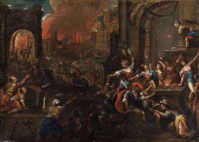 The Burning of Troy by Circle of Gillis van Valckenborch Frankenthal school